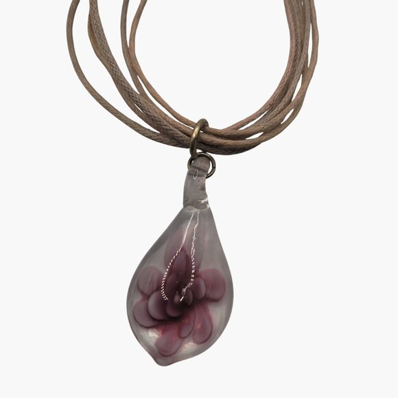 Glass Teardrop Pendant Necklace  Purple Flower Heart Adjustable - Picture 2 of 8